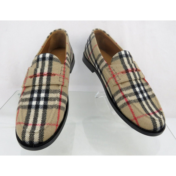 NIB $790 BURBERRY HACKNEY BEIGE CHECK WOOL PENNY LOAFERS 13 US 46 ITALY - Picture 6 of 14